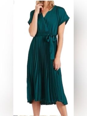 Banana Republic Glen Green Pleated Midi Dress Size S